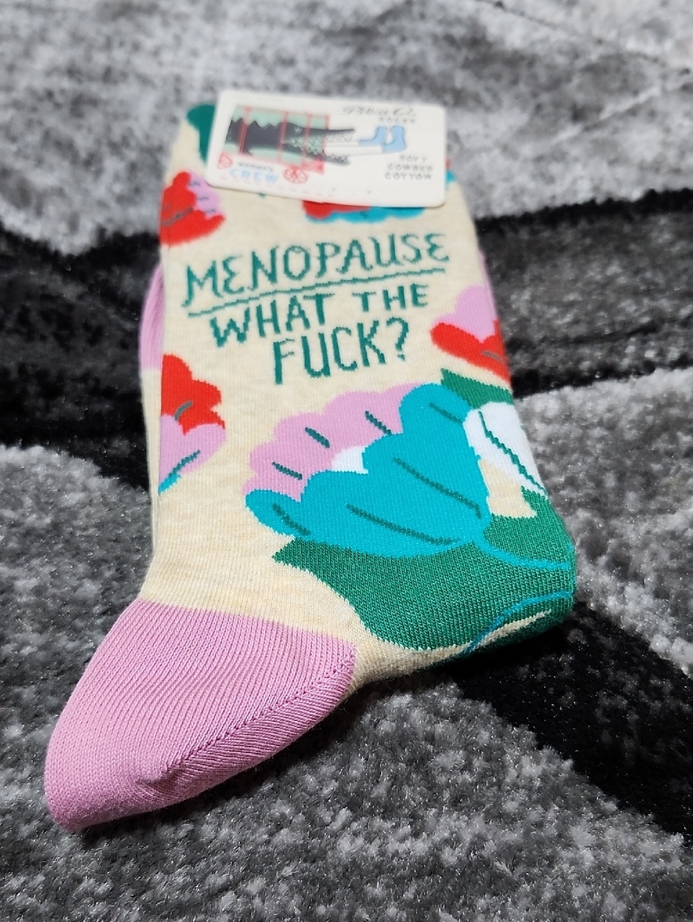 BLUE Q "MENOPAUSE WTF" FLORAL DESIGN NOVELTY HUMOROUS CREW SOCKS